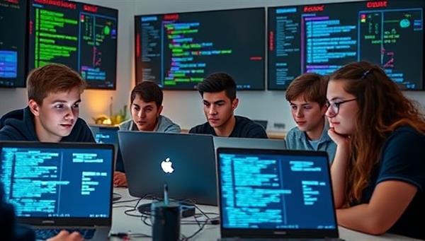 A group of teenagers engaged in a virtual coding session, working on laptops with lines of code displayed on the screens, surrounded by tech gadgets and colorful coding posters, creating an immersive and tech-focused learning environment.