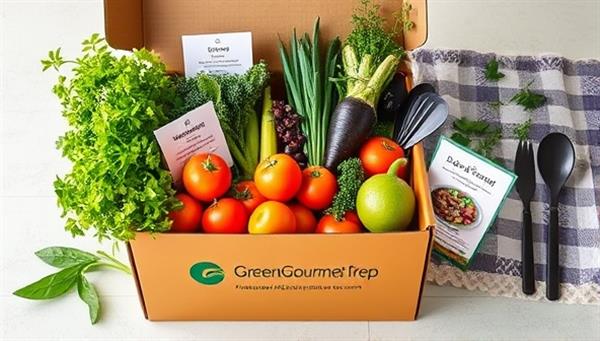 A vibrant and colorful meal prep kit box filled with fresh vegetables, herbs, and plant-based ingredients, accompanied by recipe cards and kitchen utensils, evoking a sense of health, freshness, and culinary creativity, embodying the essence of GreenGourmet Prep.