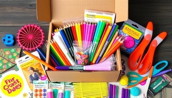 An assortment of colorful craft supplies neatly arranged in a subscription box, with vibrant finished projects displayed around it, creating a sense of creativity and excitement for DIY enthusiasts.