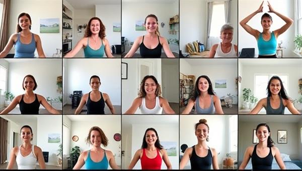A collage of diverse individuals participating in virtual workout sessions from different locations, showcasing the inclusivity and convenience of FitFlow Virtual.