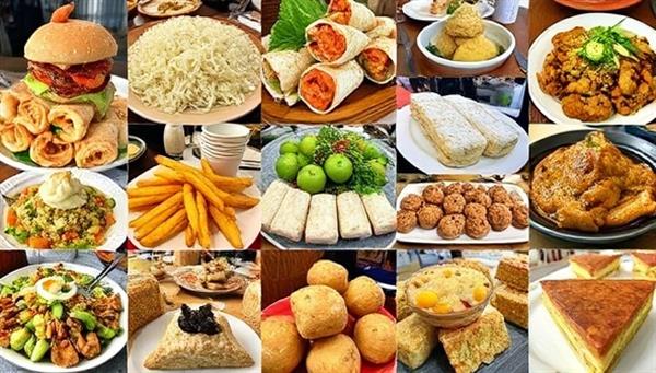 A mouth-watering collage of diverse culinary delights, including street food, gourmet dishes, and artisanal treats arranged in an enticing display, capturing the essence of TastyTrails Adventures