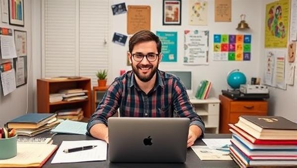 An enthusiastic niche tutor leading an engaging online class on a complex subject, surrounded by educational materials, visual aids, and digital tools, fostering a dynamic and enlightening learning environment.
