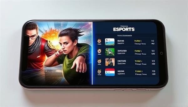 A dynamic mobile screen split into two sections, showing intense eSports gameplay on one side and tournament leaderboards on the other, creating a sense of competition and engagement.