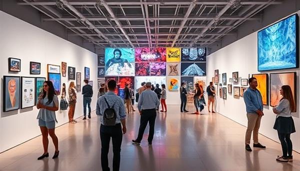 An immersive digital art gallery setting showcasing a diverse collection of contemporary artworks, with virtual attendees exploring the exhibition space, engaging in interactive artist discussions, and admiring the digital art installations, creating a dynamic and captivating virtual art gallery experience.