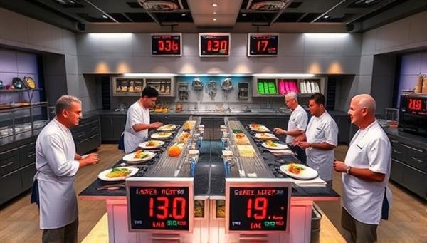 An interactive virtual kitchen setup with multiple cooking stations, timers ticking, and contestants preparing dishes in a timed challenge, judges observing and providing feedback, creating a dynamic and engaging culinary competition atmosphere online.