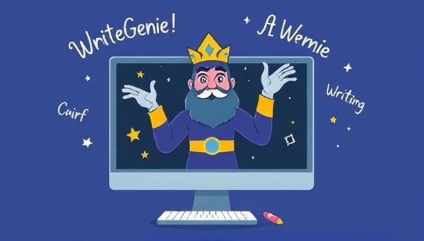 An illustration of a magical genie emerging from a computer screen, surrounded by floating words and a pen, symbolizing the AI-powered writing assistance provided by WriteGenie.