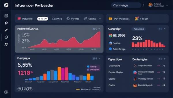 A digital dashboard displaying real-time influencer performance metrics, audience demographics, and campaign optimization suggestions, illustrating the platform