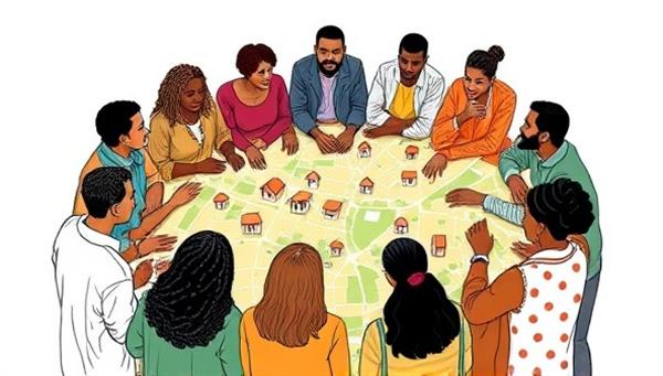 An illustration of a diverse group of neighbors gathered around a virtual map displaying local properties available for community investment, symbolizing collaboration, diversity, and community empowerment in real estate ventures.