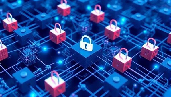 An intricate network of interconnected blocks symbolizing data encryption, with digital locks and shields surrounding the network, representing the secure and protected communication channels provided by BlockComm Secure.
