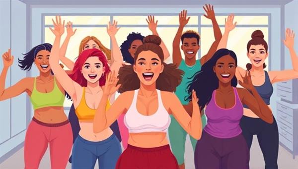 An energetic and motivational digital illustration of a diverse group of individuals participating in a virtual fitness class, capturing the essence of community and engagement offered by FitFlex Virtual.