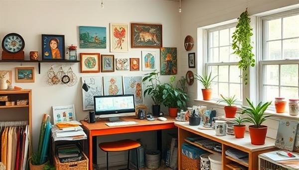 A cozy studio space filled with upcycled art pieces, recycled crafting materials, potted plants, and natural light streaming in through eco-friendly windows, creating a serene and inspiring atmosphere for eco-conscious crafting and creativity.