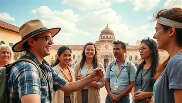 An immersive and picturesque scene capturing a local guide sharing a unique experience or story with a group of curious travelers, set against the backdrop of a vibrant and culturally rich destination, evoking the essence of LocaShare