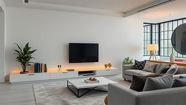 A sleek, futuristic smart home control panel integrated into a modern living room setting.
