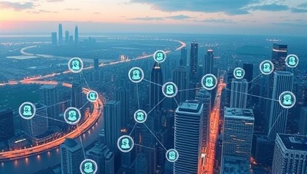 A futuristic digital cityscape with interconnected blockchain nodes representing secure and transparent real estate title verification, symbolizing trust and efficiency in property transactions.