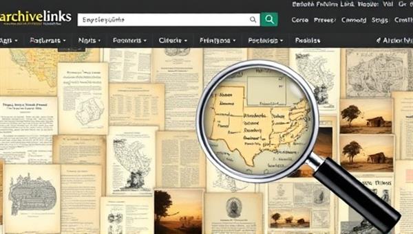 A digital archive interface displaying a collection of historical documents, maps, and photographs neatly organized and searchable, with a magnifying glass symbolizing the platform
