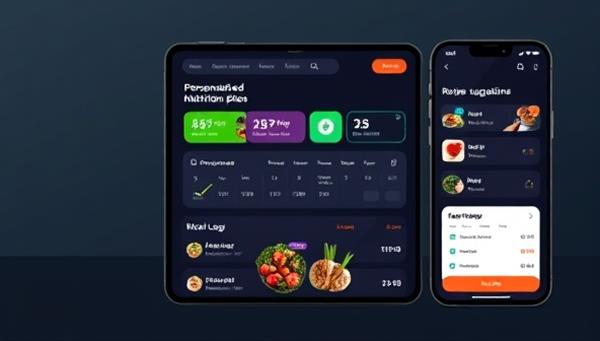 An engaging app interface showcasing a personalized nutrition plan dashboard with interactive features for meal logging, progress tracking, and recipe suggestions, designed with a modern and sleek aesthetic to appeal to tech-savvy users seeking AI-powered nutrition solutions through NutriGenix AI.
