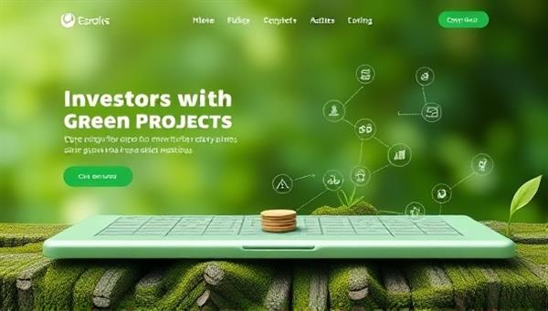 An eco-friendly design featuring a digital platform connecting investors with green projects, showcasing sustainability and responsible investing practices in a modern and engaging way.