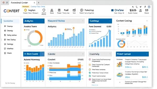A dynamic visual of a content marketing dashboard displaying analytics, keyword research tools, and content calendars specifically designed for legal content creation, conveying professionalism, strategy, and innovation in online legal marketing services.