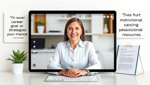 A virtual career coaching session with a coach discussing career goals and strategies with a client via video call, surrounded by motivational career quotes and professional development resources, conveying professionalism and guidance in career coaching.