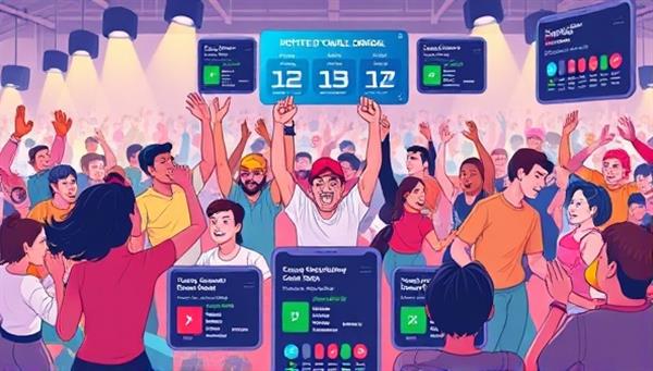 An energetic digital illustration featuring diverse individuals participating in a virtual fitness challenge, with dynamic workout movements, cheering crowds, and digital leaderboards displaying progress and achievements, conveying a sense of competition and camaraderie in online fitness challenges.