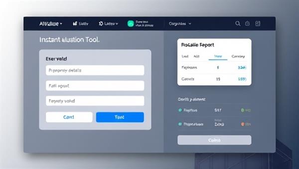 A sleek and modern property valuation tool interface displaying a user entering property details and receiving an instant valuation report, with AI algorithms working in the background to analyze data and generate accurate estimates, showcasing the efficiency and convenience of AIValuate.