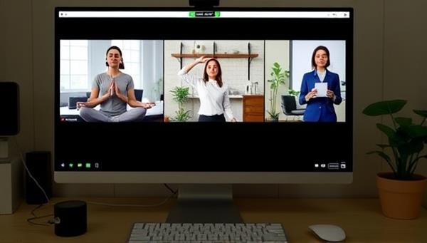 A virtual wellness session screen with employees participating in a guided meditation, a yoga instructor demonstrating poses, and a nutritionist sharing healthy eating tips, illustrating holistic well-being in the remote work setting.