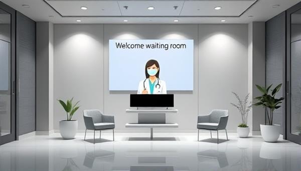An elegant and sophisticated virtual waiting room interface with a virtual assistant welcoming a patient for a telemedicine consultation, featuring a minimalist design with healthcare symbols and calming colors, conveying professionalism and convenience.