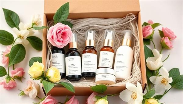 An elegant and sustainable beauty product subscription box filled with organic skincare items, surrounded by fresh flowers and greenery, evoking a sense of purity and luxury.