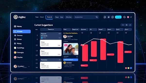A futuristic interface displaying a social media scheduler dashboard with AI analytics, content suggestions, and a calendar heatmap for posting schedules, showcasing the advanced technology and data-driven approach of the platform.