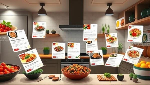 An artistic digital representation of a virtual kitchen environment with floating recipe cards showcasing diverse cuisines and ingredients, surrounded by AI-generated flavor profiles and cooking tips, illustrating the personalized and interactive nature of TasteGenie AI