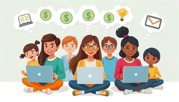 An educational-themed graphic featuring a diverse group of animated characters attending virtual financial literacy classes on laptops and tablets, with thought bubbles containing money-related symbols and learning icons, inspiring a sense of growth and empowerment.
