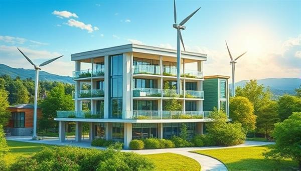 An artistic representation of a modern eco-friendly building with solar panels, green roofs, and energy-efficient features, surrounded by lush greenery and clean renewable energy sources, illustrating the concept of sustainable and environmentally conscious real estate development promoted by GreenSpace Advisors.