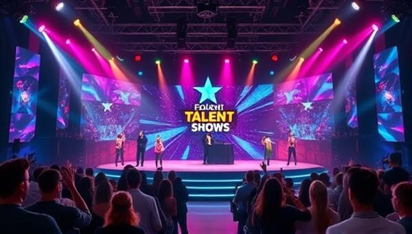 An engaging virtual talent show stage with colorful lights, a digital screen displaying talent performances, and a virtual audience cheering and voting, capturing the excitement and energy of TalentWave