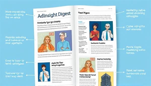 An illustrative depiction of a digital newsletter layout with engaging visuals, informative articles, and actionable tips on native advertising strategies, targeting marketing professionals and industry enthusiasts seeking expert insights and trend analyses in the AdInsight Digest subscription service.