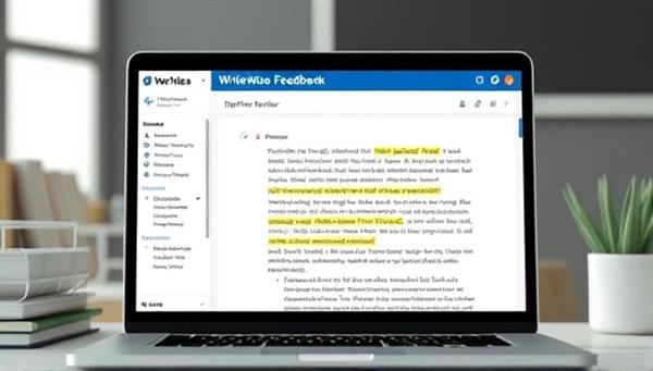 A digital mockup of the WriteWise Feedback platform interface, featuring a writer receiving detailed feedback and suggestions on their work from an expert reviewer, with highlighted sections, comments, and actionable insights displayed on the screen, illustrating the platform