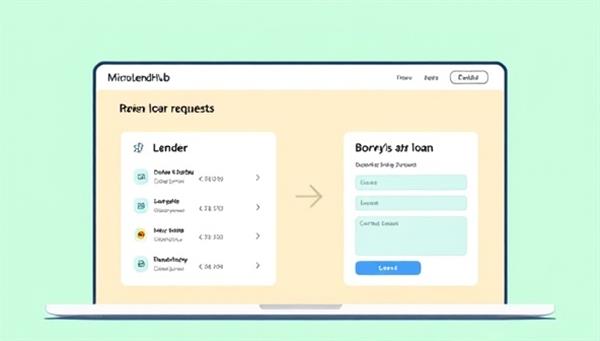 An illustration of a digital platform interface showing MicroLendHub, with a lender reviewing loan requests and a borrower completing a loan application, highlighting the simplicity and efficiency of the peer-to-peer lending process.