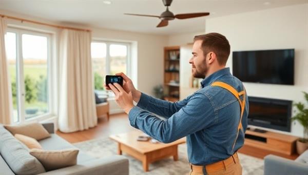 A technician installing a smart thermostat in a modern living room, showcasing the seamless integration of technology and comfort in a home setting.