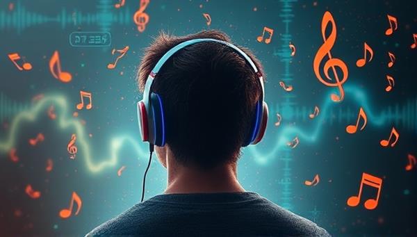 A creative visualization of a person wearing headphones, immersed in a fantastical world, surrounded by floating audio waves and musical notes, capturing the essence of personalized audio storytelling.