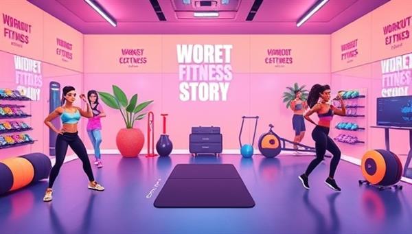 An interactive digital fitness studio environment featuring animated fitness instructors, workout challenges, and virtual workout companions, surrounded by vibrant workout equipment and motivational quotes, creating an immersive and gamified fitness experience for users on the platform.