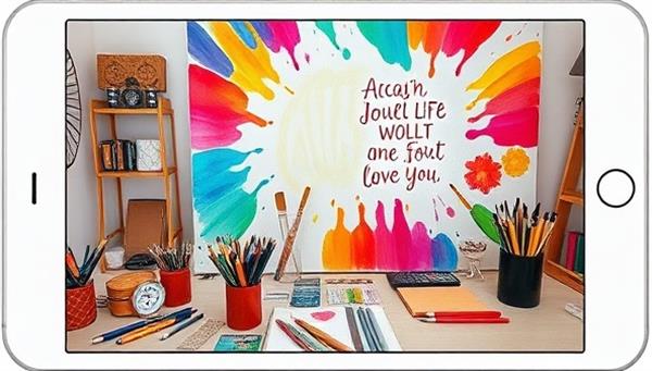 An immersive digital art studio showcasing a variety of art supplies, creative tools, and expressive artworks on a virtual canvas, with vibrant colors and inspirational quotes, reflecting the transformative power of art therapy and self-expression in a virtual setting, all displayed on a digital tablet screen.