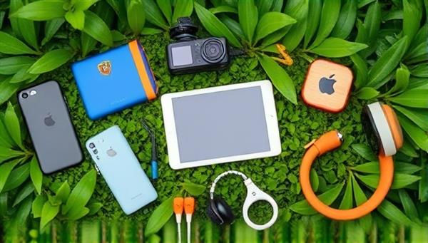 An array of stylish and colorful eco-friendly tech accessories arranged on a backdrop of lush greenery, emphasizing the blend of technology and sustainability in a visually appealing way.