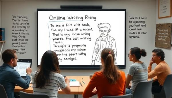 An online writing workshop scene with a diverse group of participants engaged in a virtual session led by a writing instructor, sharing and discussing their work on a digital whiteboard, surrounded by creative writing prompts and inspirational quotes, fostering a collaborative and supportive writing environment.