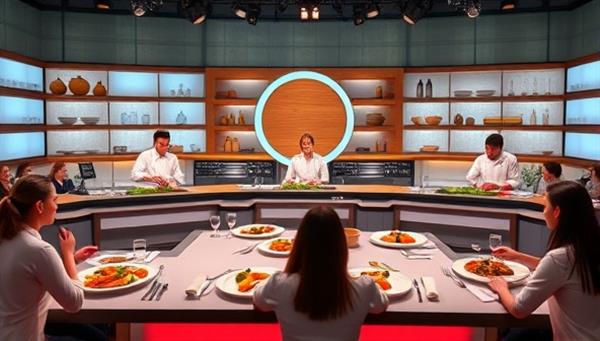 An online cooking competition setting with virtual kitchens, contestants preparing dishes under time pressure, judges tasting and evaluating the dishes, and a digital audience cheering and voting for their favorite recipes, creating a vibrant and interactive culinary experience in a virtual world.