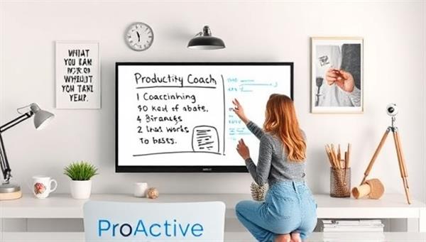 A virtual workspace setup displaying a coaching session in progress with a productivity coach guiding a client through remote work strategies on a digital whiteboard, surrounded by motivational quotes and productivity tools, symbolizing efficiency and growth in virtual work performance at ProActive Remote.