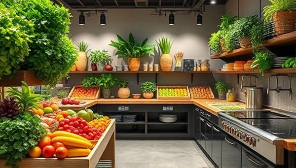 A modern culinary studio showcasing a vibrant display of fresh fruits, vegetables, and plant-based ingredients, alongside sleek cooking stations and culinary tools, promoting a sustainable and health-conscious approach to cooking and living.
