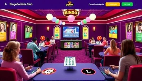 An interactive bingo room interface on BingoBuddies Club showcasing players chatting, playing bingo, and customizing their avatars, creating a vibrant and social gaming community atmosphere within the platform.