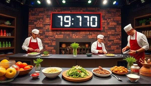 An exciting online cooking competition setup with a timer counting down, fresh ingredients displayed, and chefs in action cooking up delicious dishes, creating a vibrant and competitive culinary atmosphere.