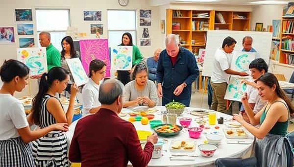 A vibrant workshop setting with diverse participants engaging in different activities like painting, cooking, and crafting, showcasing a lively and inclusive learning environment filled with creativity and collaboration.