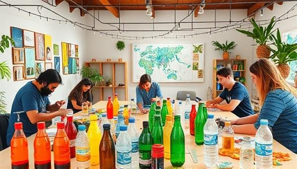 An interactive image displaying a workshop setting with participants creatively upcycling plastic bottles, containers, and packaging materials into colorful artworks and functional objects, surrounded by a vibrant and eco-friendly atmosphere that promotes sustainability and hands-on learning.