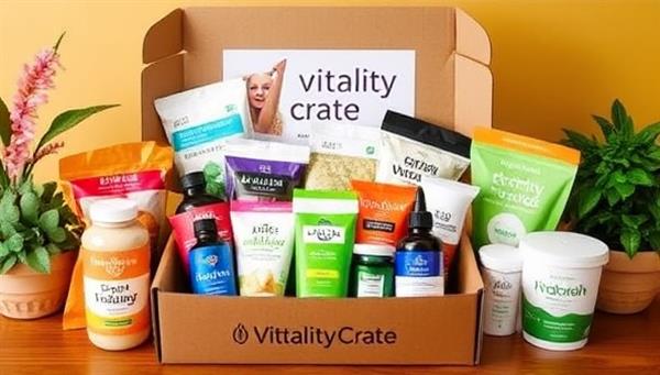 An enticing subscription box display featuring a variety of health and wellness products neatly arranged in a vibrant and inviting setting, showcasing the diversity and value of each curated item within the Vitality Crate service.